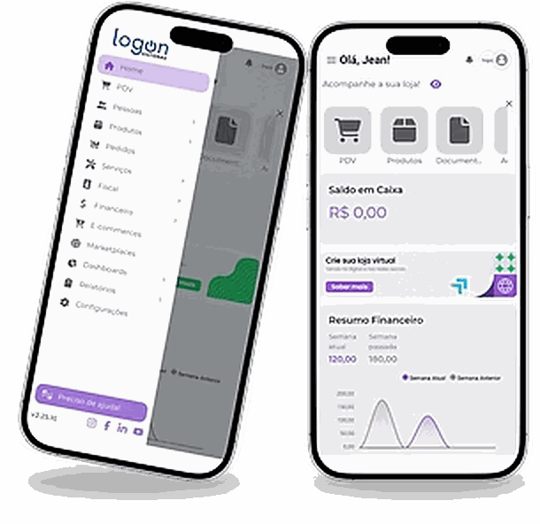 Aplicativo Logon Mobi aberto em dois celulares, mostrando o menu e o resumo financeiro