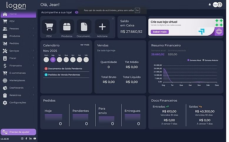 Tela do sistema Logon: painel inicial